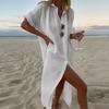 Summer Womens Fashionable Solid Color Cotton Linen Shirt Dress Elegant Casual Party Dress New Lapel Button Slit Midi Shirt Dress