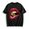 Trendy Cool Red Lips Holding Bullet Print Top Niche Street Style Casual Tee Pure Cotton T-shirt