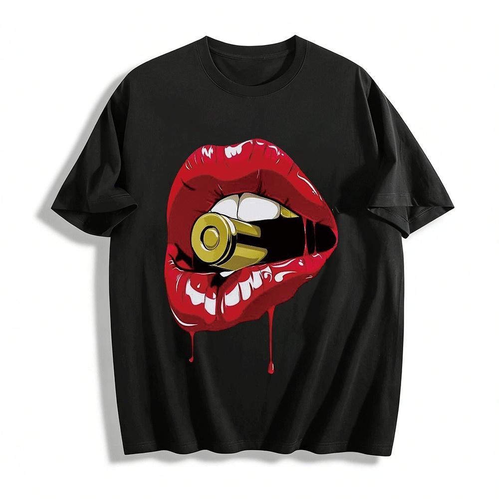 

Trendy Cool Red Lips Holding Bullet Print Top Niche Street Style Casual Tee Pure cotton T-shirt XXS