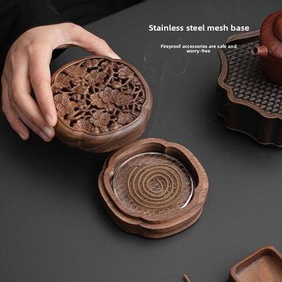 Brûleur d'encens creux en noyer noir avec couvercle, grand bois massif décoration intérieure de maison aromathérapie cérémonie du thé