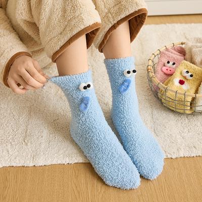 Šílené Ponožky s Kožešinou a Velkými Ústy Monstra Kawaii Zimní Pro Ženy Kreslené Protiskluzové Podlahové Zesílené Ponožky z Korálového Fleecu Vtipné Dárky
