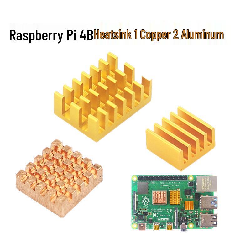 Raspberry Pi 4B Heatsink Set: 1 Copper, 2 Aluminum Gold with Adhesive Backing