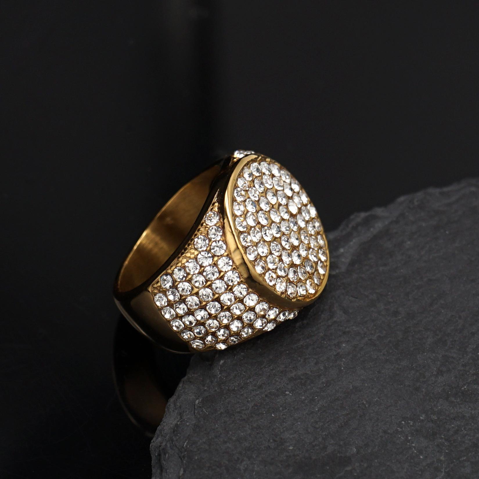 

Покрытое льдом кольцо из нержавеющей стали для мужчин цвета настоящего золота со стразами, хип-хоп модное украшение US size 10 золотой