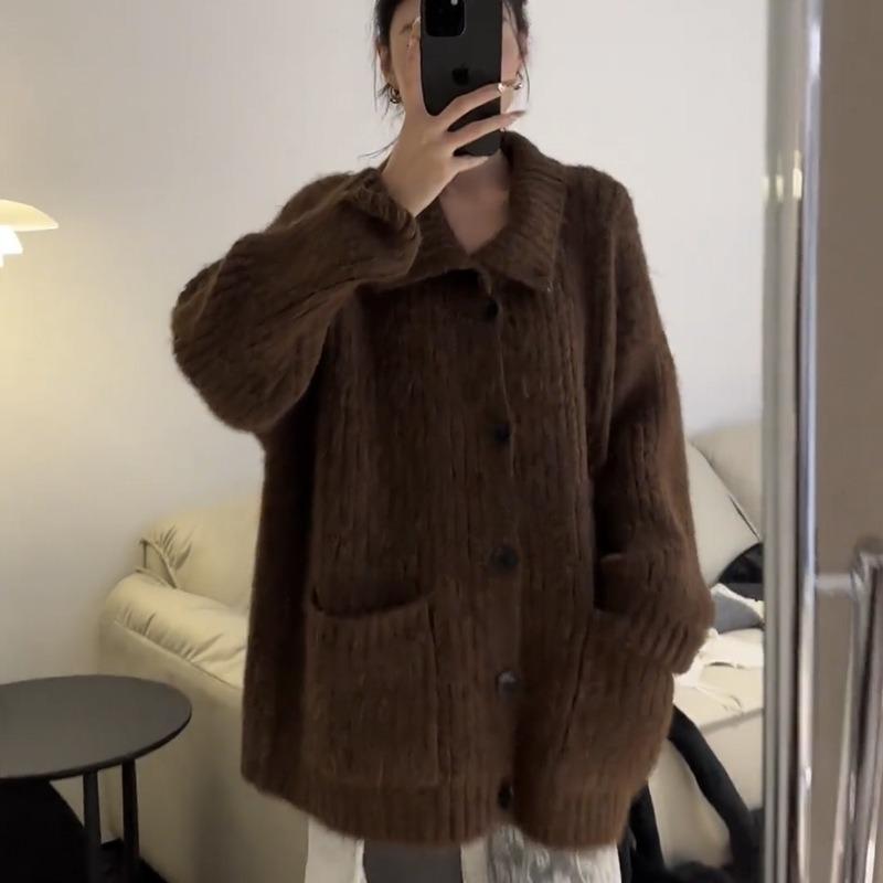 Soft Waxy Wear Loose and Lazy Sweater Jacket Women's Autumn and Winter Lapel Solid Color Knitted Cardigan
