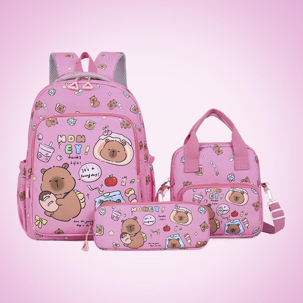 3Pcs/Set Kawaii Capybara Backpack Large Capacity Cartoon Teenager Fashion Nylon Lightweight Rucksack Set