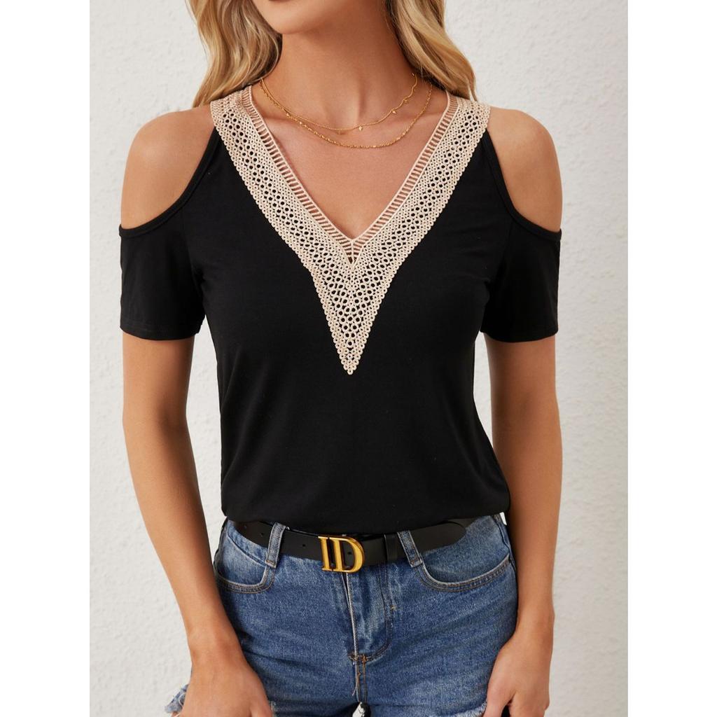 Women's V Neck Short Sleeve Cold Shoulder Top Loose Fit Elegant Hollow Lace Blouse T Shirt