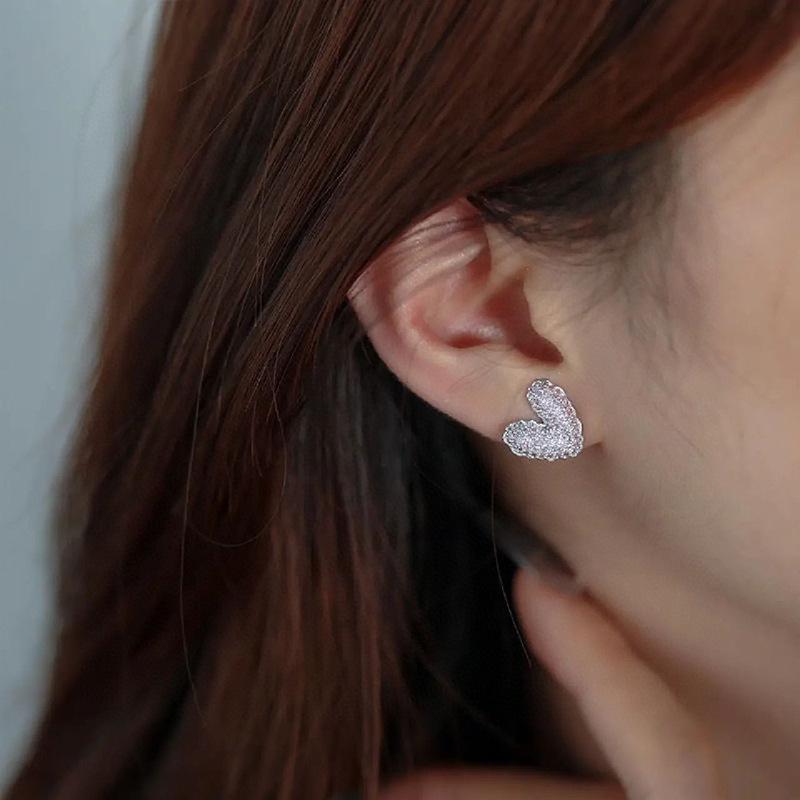 HEFANG Tulip Sterling Silver Heart Stud Earrings with Full Diamond and Epoxy Design.