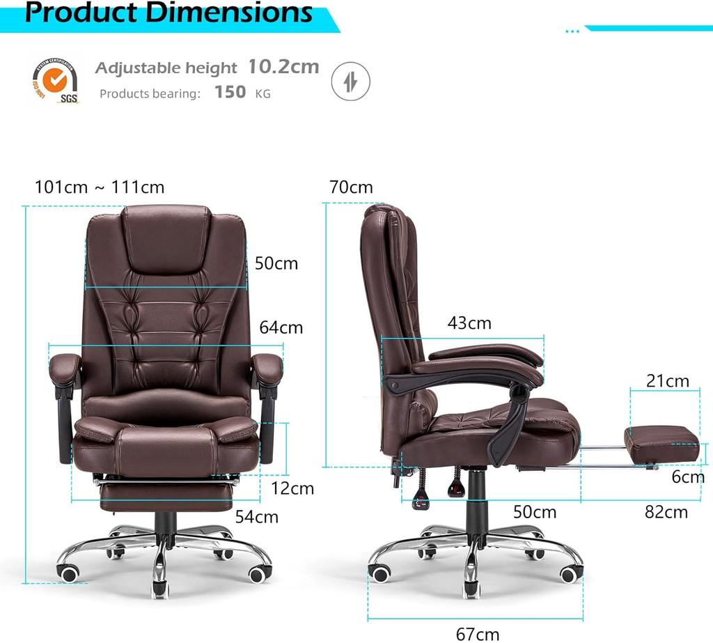 YODOLLA Ergonomic Office Chair with Adjustable Footrest - Reliable and Comfortable Executive PU Leather Chair - Swivel & Height Adjustable - Brown