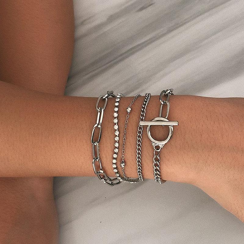 Simple Geometric Ot Buckle Versatile Jewelry Women, Creative Mix And Match Diamond-Encrusted Round Bead Multi-Layer Bracelet