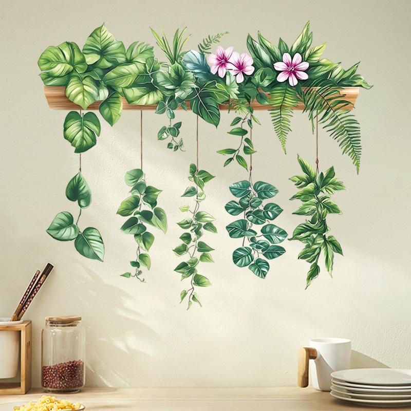 Adesivos de Parede de Plantas Verdes Frescas Autoadesivos Removíveis de Vinil para Armário de Cozinha Foyer Pôsteres de Plantas em Vaso Decoração de Casa
