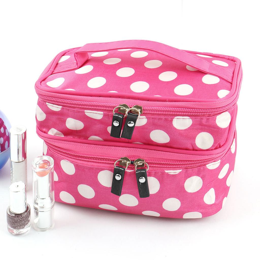 Reise-Kosmetiktasche, Make-up-Tasche, Organizer, doppellagig, Punktmuster, Kulturbeutel, Tasche mit Spiegel für Damen