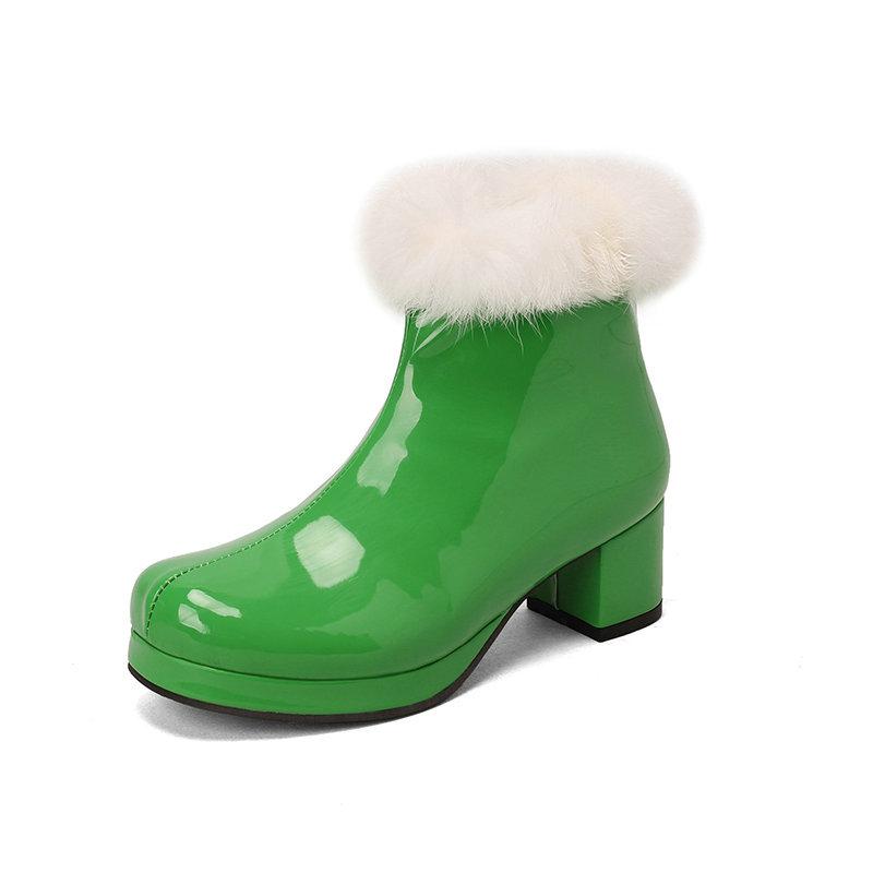 Women's Short Boots Autumn and Winter Patent Leather Thick Heels High Heels Rabbit Fur Side Zipper Warm Cotton Shoes