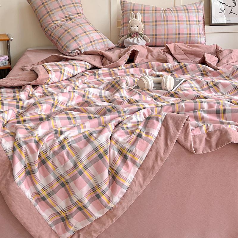 Karierte Sommerdecke, kühle Steppdecke, gewaschene Baumwolle, bequem, leicht, klimatisiert, dünne Bettdecke, einfache Federdecke für Erwachsene und Kinder