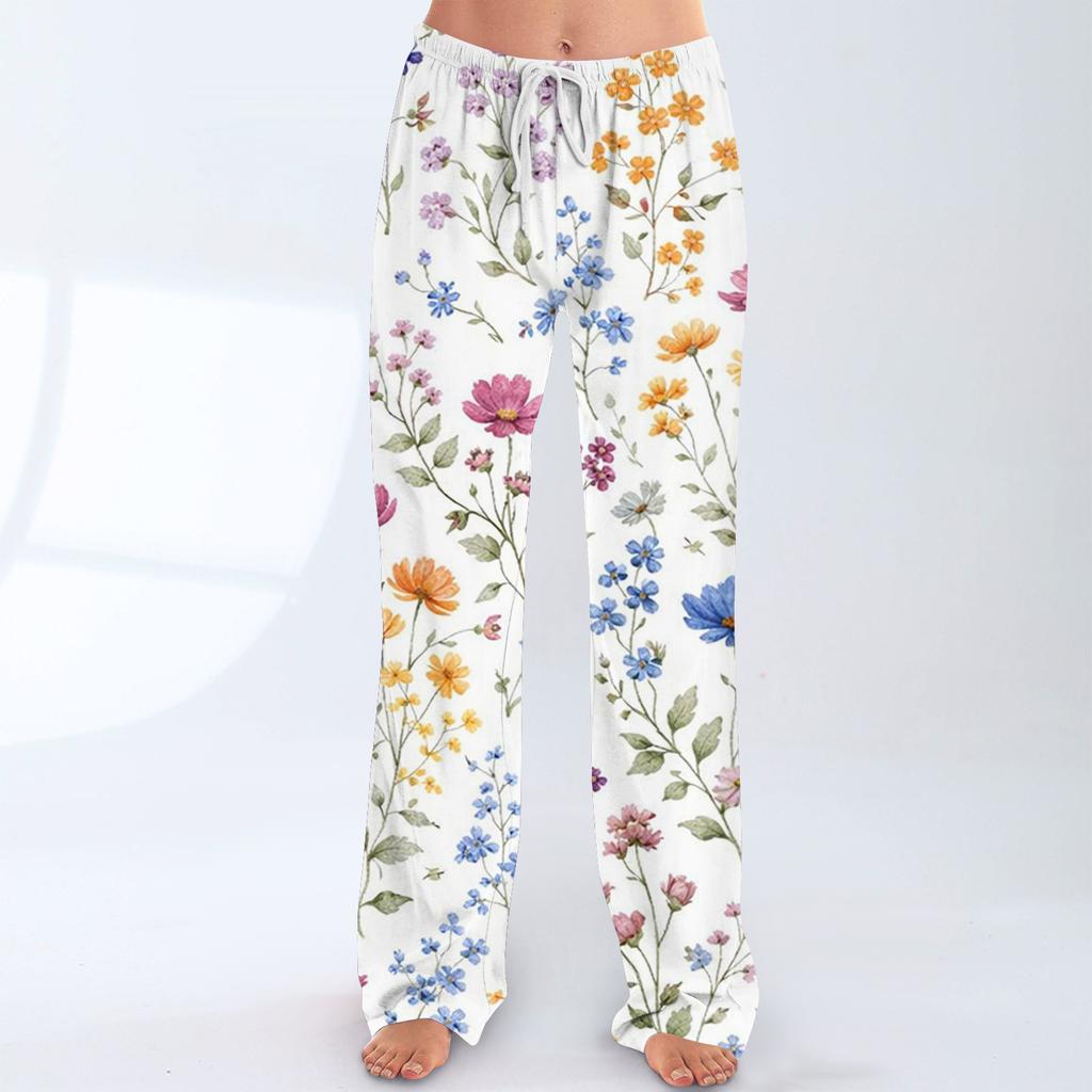 Pantalon Casual Imprimé à Taille Élastique à Cordon de Serrage, Coupe Ample pour Femme