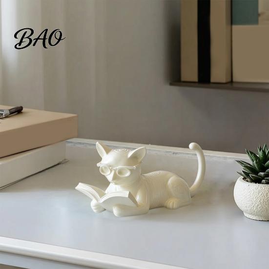 Study Room Cat Figurine Reading Ornament, 3D Printed Desk Decor with Glasses & Book, Multi-Functional Decoration Phone Stand Holder Bookend,