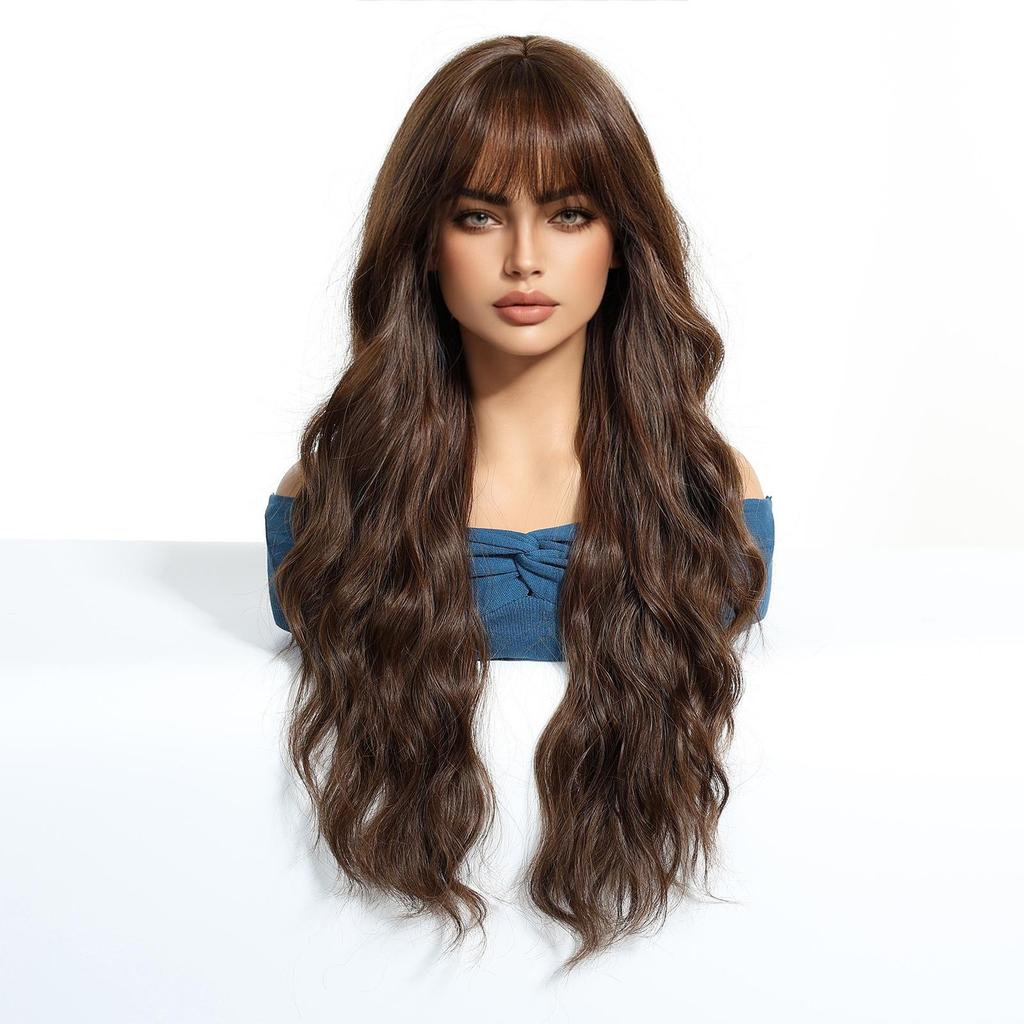 European and American Fashionable Women's Long Curly Hair Wig, Brown Water Ripple Fringe Bangs High Temperature Silk Synthetic Wig Headband