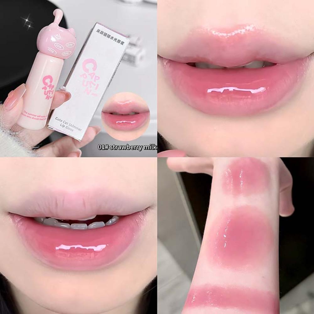 Cute Moisturizing Cat Lip Gloss Long Lasting Smooth Lip Glaze Highly Pigmented 4 Shades Mirror Lip Glaze Beginners