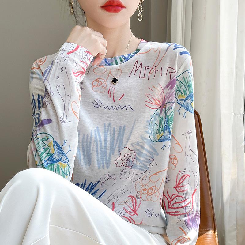 

Весенне-осенняя женская свободная рубашка с длинными рукавами и круглым вырезом с принтом и вязаной нижней рубашкой XL