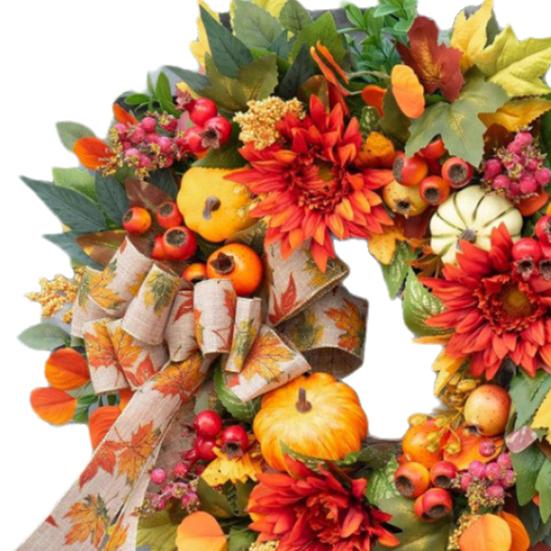 18 Inch Fall Wreath for Front Door Artificial Pumpkin Wreath with Dahlia Berries And Bow Large Autumn Wreath for Thanksgiving Farmhouse Indoor