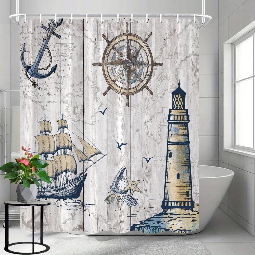 Coastal Lighthouse Shower Curtain, Beach Theme Shower Curtain with Blue Wooden Boats and Seagulls, Bathroom Decor with Hooks