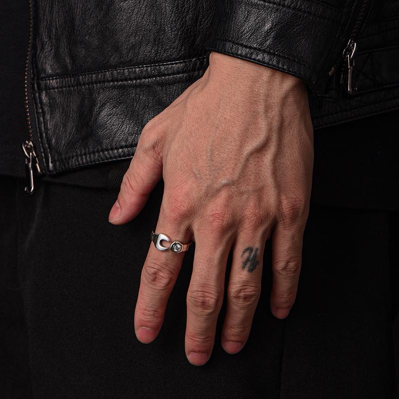 Yin Taifei Sterling Silver Retro Wrench Ring for Men - Original High-Grade Classic Design, Adjustable Fit