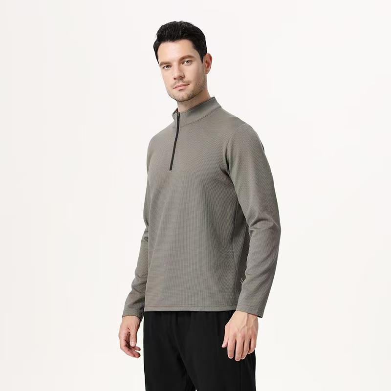 Men's Long Sleeve Half-Zip Sports Tee - Solid Color Stand Collar for Running and Fitness