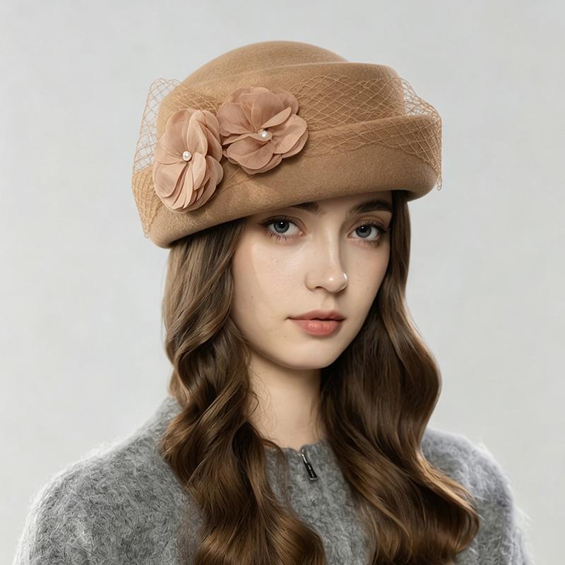 New Autumn and Winter Boutique Stewardess Hat Elegant Mesh Painter Hat Australian Pure Wool Warm Felt Personalized Beret