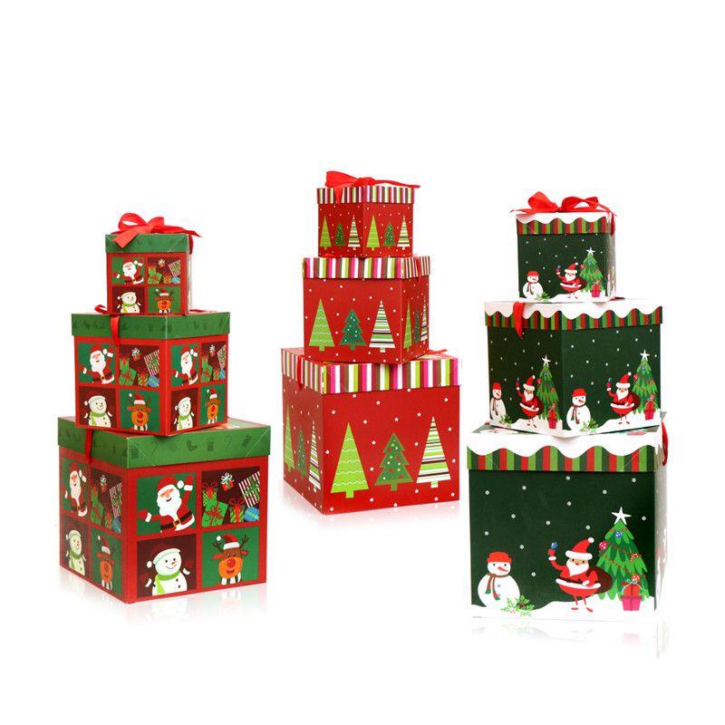 Premium Large 3pcs Christmas Gift Box With Lid  Ribbon Xmas Present Square Box