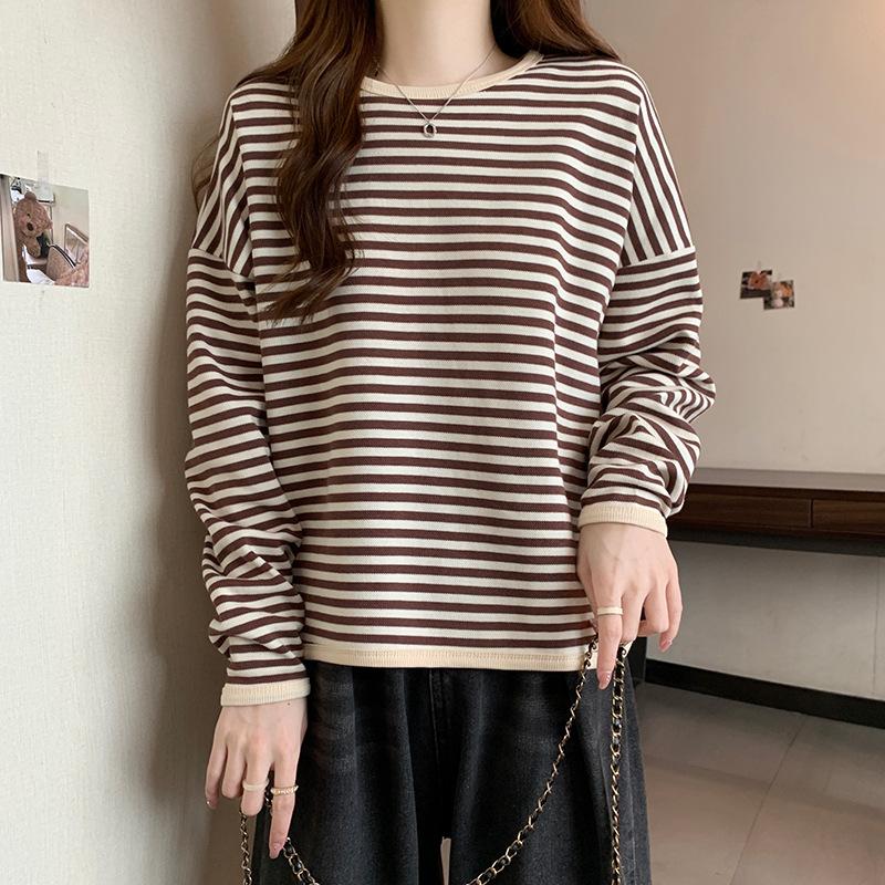 Polyester Fiber 100% 250g Striped Sweater Thin Autumn New Loose Crew Neck T Casual