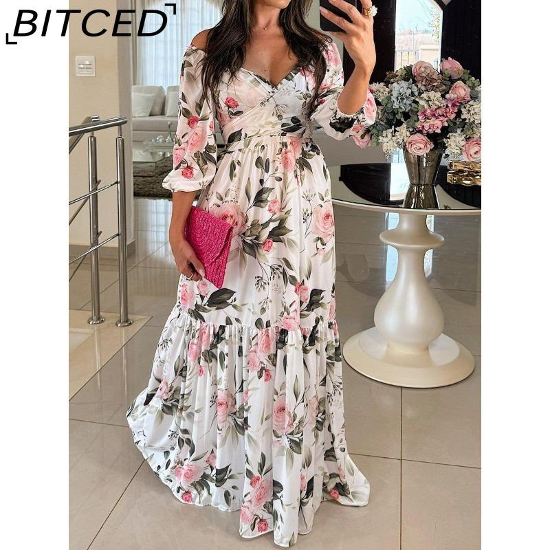 

BITCED Summer Women s Outerwear: Fashionable and Elegant Printed Tie-Front V-Neck Full-Skirted Dress XXXL