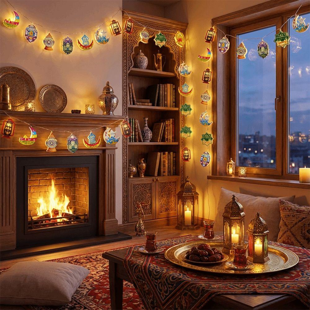 10/20 LED EID Mubarak String Lights Battery Operated Iron Art LED Oil Lamp Colorful Lighting Ramadan String Light