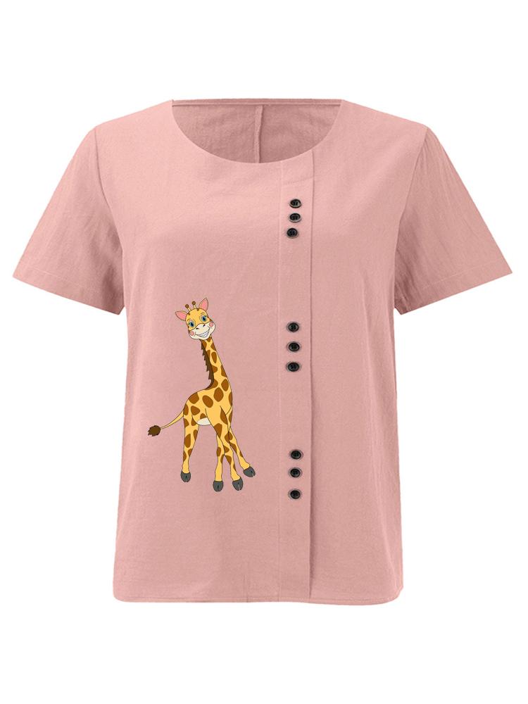 Women's Fashion Giraffe Print Shot Sleeve T-shirt Loose Cotton Shirt Casual Loose Summer Blouse Tops Plus Size