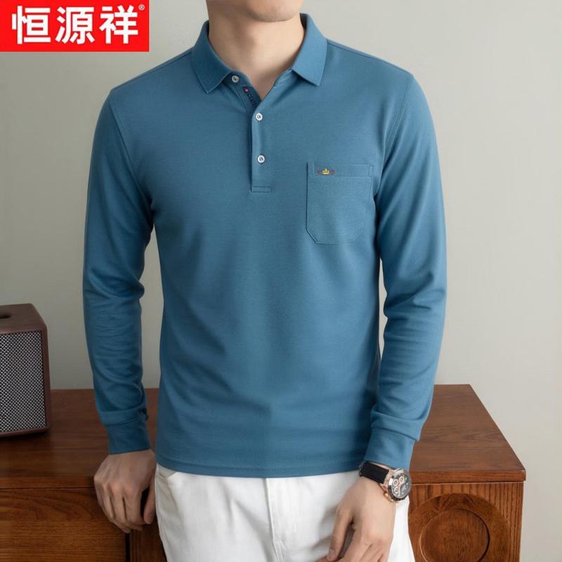 Hengyuanxiang Men's Cotton Blend Long Sleeve Polo Shirt with Pocket