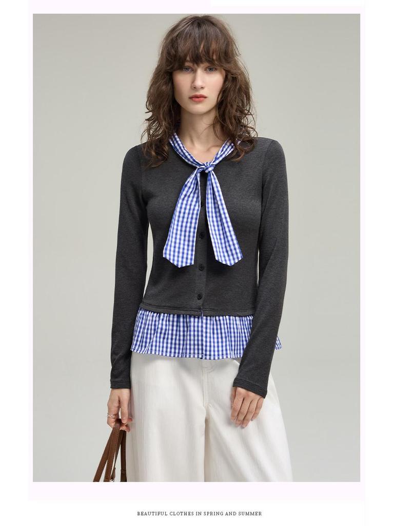 Damen Karo Colorblock Zweiteiliger College-Stil Langarm Strickjacken-Top (2025 Herbstausgabe)