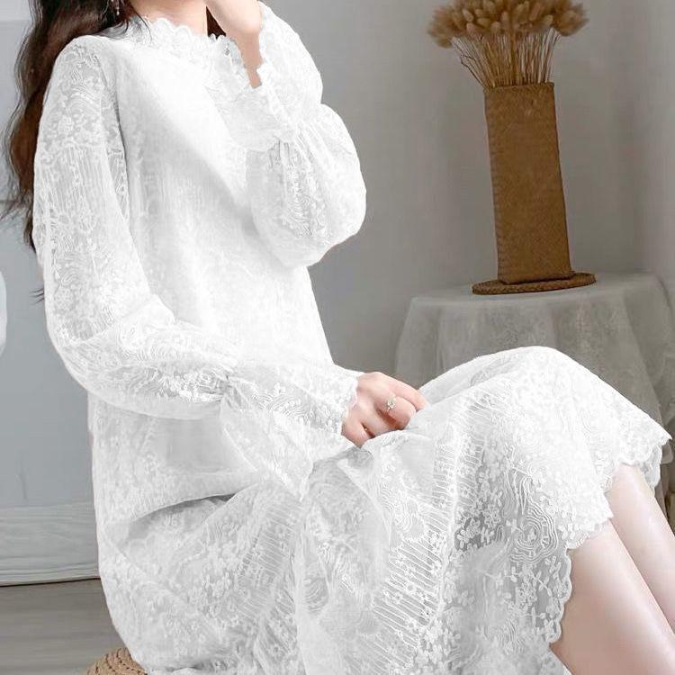 Autumn/Winter Lace Dress: Fleece-Lined, Long-Sleeve, Mid-Length, Elegant Fairy Style for 2025