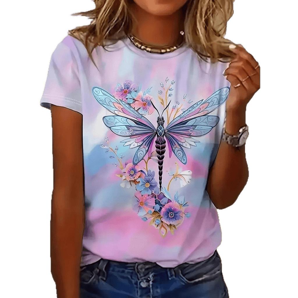 Round Neck 3D Animal Printed Top Fashionable Casual Short Sleeved Women's T-shirts - Soft Medium Stretch Polyester Fabric Summer Relaxed Fit Clothing