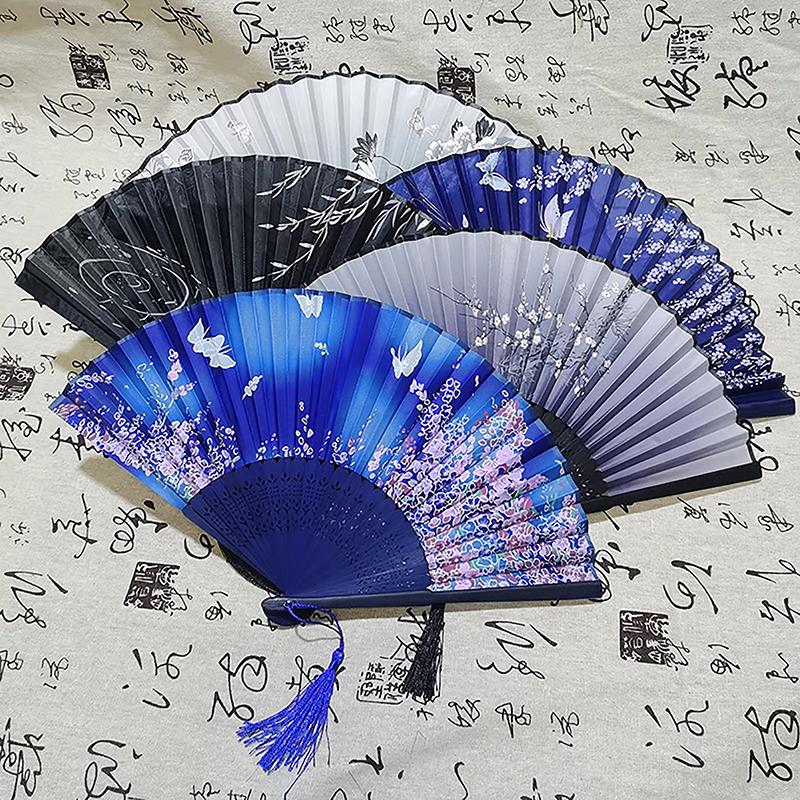 Vintage Chinese Style Folding Fan Bamboo Hand Fan Wooden Shank Classical Dance Fan With Tassel Elegent Female Fan Home Decor