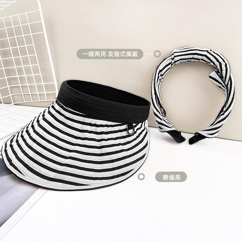 

Headband type sun protection hat women s black and white striped empty top sun hat outdoor versatile big eaves UV protection shell hat