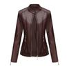 Womens PU Leather Short Jacket Stand Collar Slim Fit Casual Outerwear In Navy Blue