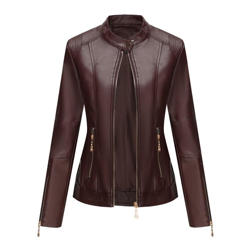 Womens PU Leather Short Jacket Stand Collar Slim Fit Casual Outerwear In Navy Blue