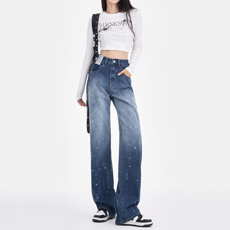Gradient Fashion Design Wide Leg Jeans Women Autumn New High Waist Elegant Slim Long Pants Casual Drape Straight Mop Pants
