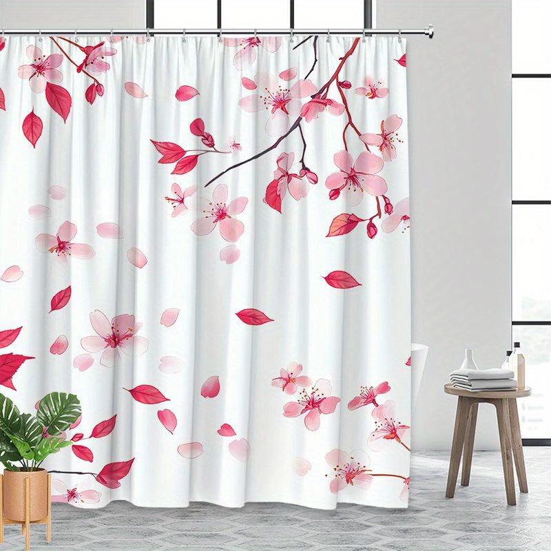 1pc Oversized Cherry Blossom Shower Curtain - Pale Pink Flowers On White Background, Machine Washable Polyester Fabric
