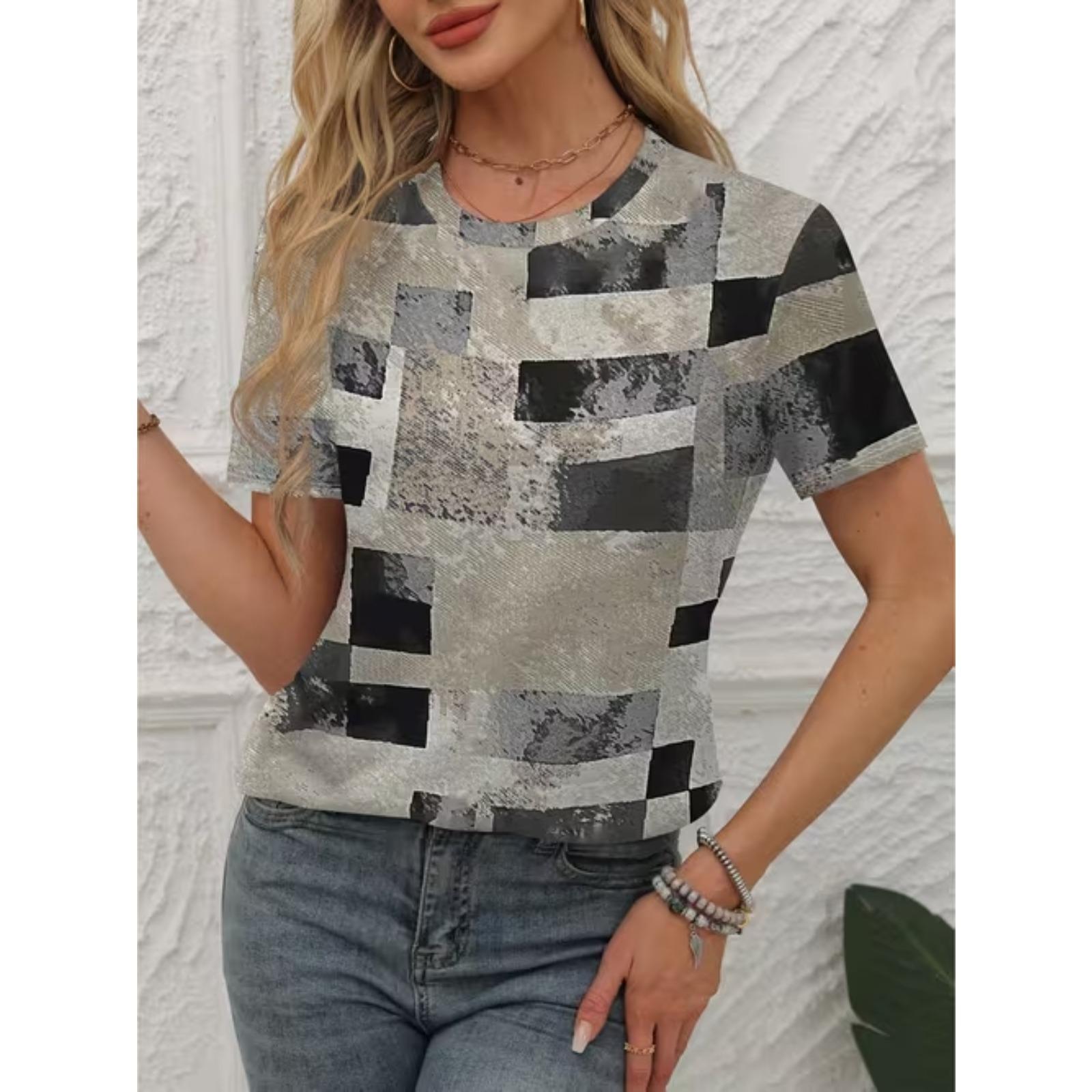 

Fashion Women Grid Geometry Print T Shirt Funny Casual O-neck Short Sleeves T-shirt Summer Female Tee Shirt XS серый