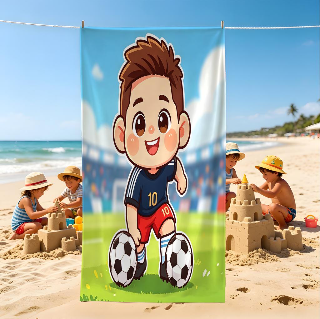 Chibi Cartoon Soccer Boy Beach Towel, Wrinkle Resistant, Adorable Print Towel For Family Travel & Beach Days