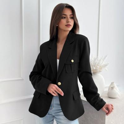 Giacca da donna con risvolto, manica lunga, tasche con patta, tinta unita, bottone singolo, abbigliamento da ufficio
