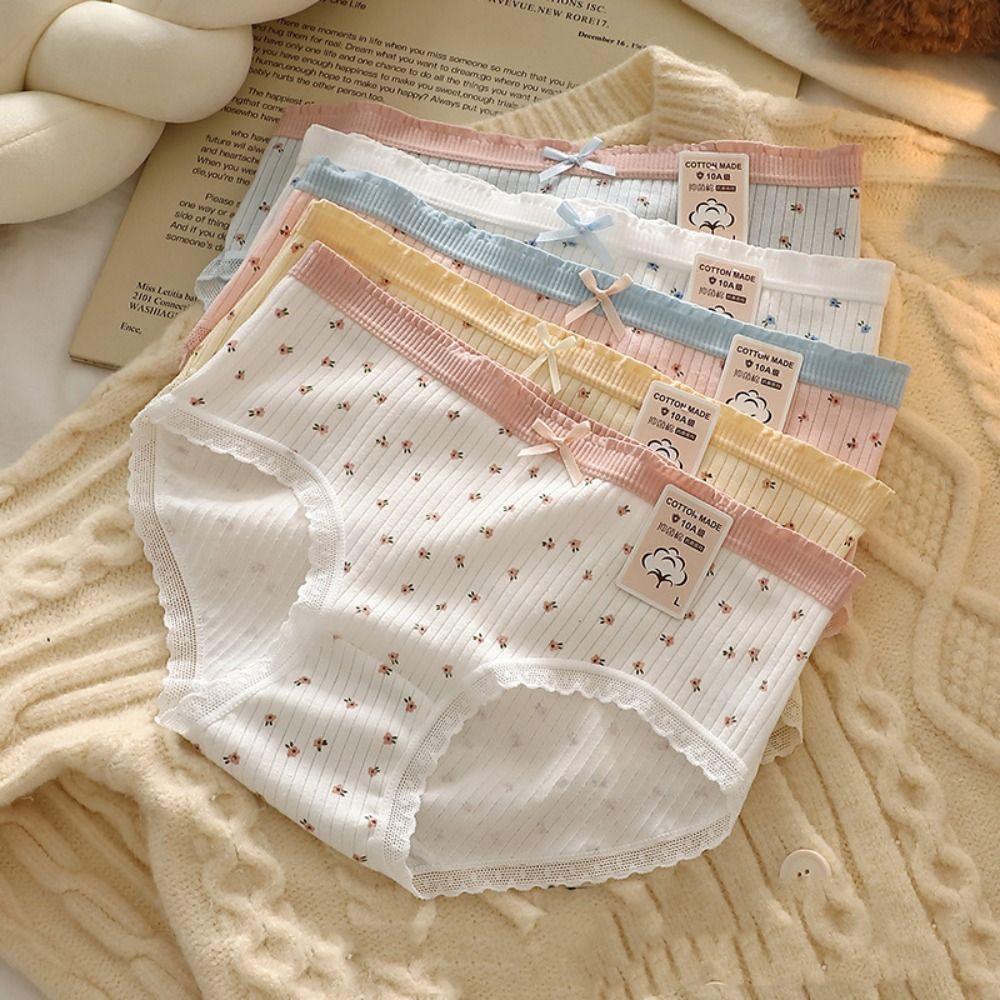 5Pcs Bowknot Lace Flower Panties Mid Waist Underwear for Women Soft Sweet Floral Briefs Lady