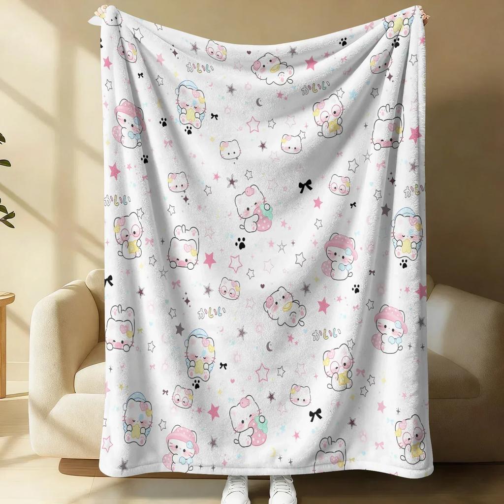 Sanrio Hello Kitty Plush Flannel Blanket Lightweight Throw Pink Gingham Apple Blanket Bed Sofa Cover School Office Nap Shawl