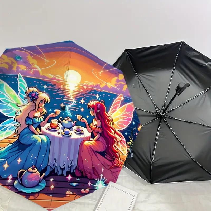 Enchanted Fairy Tea Party Umbrella: A Magical Companion for Outdoor Adventures, Automatically Opens/Closes, Lightweight and Durable,