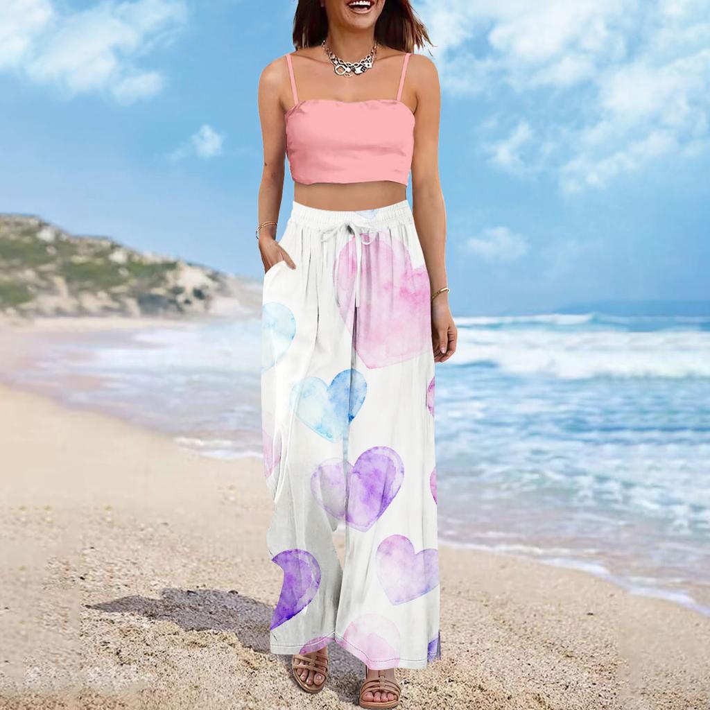 Damen Sommer Boho Palazzo Hose Hohe Taille Weites Bein Druck Freizeithose Mit Taschen