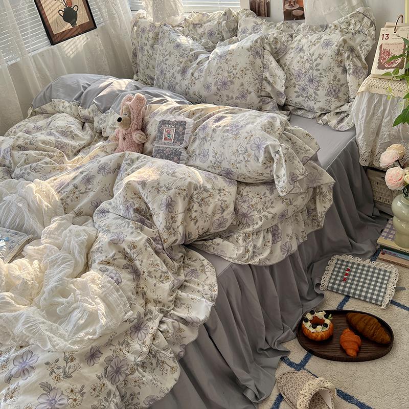 3/4Pcs Korean Princess Style Floral Ruffles Bedding Set Skin-friendly Soft Duvet Cover Set Bed Sheet Or Bed Skirt Pillowcases